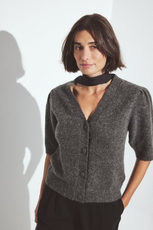 NA-KD - Strikket cardigan i ullblanding med puffermer - Cardigan - Grå - L (EU 42-44)