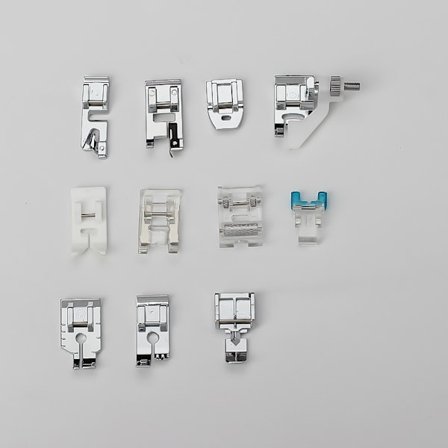 11-pakks symaskinpresserføtter med rullefot, glidelås-fot for Brother, Janome, Singer, Toyota symaskiner