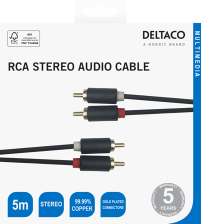 Deltaco Audio cable, 2xRCA, gold-plated connectors, 5m, black