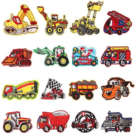 Sett med 16 strykejern-på eller sy-på lapper for barn, buss, racing ca