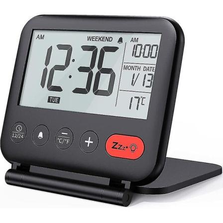 Reisevekkerklokke Mini Bærbar LCD Digital Klokke Med Bakgrunnsbelyst Kalender 12/24h Temperatur Sminke Speil Liten Brettbar Skrivebordsklokke 