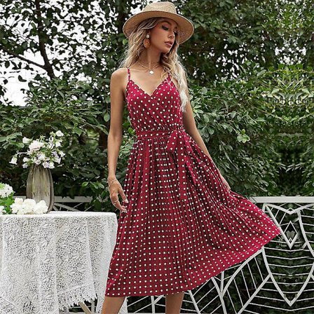 Sommer V-hals Sexy Polkadot Slipkjole for kvinner A-linje Snøring Plissert Trykt Kjole