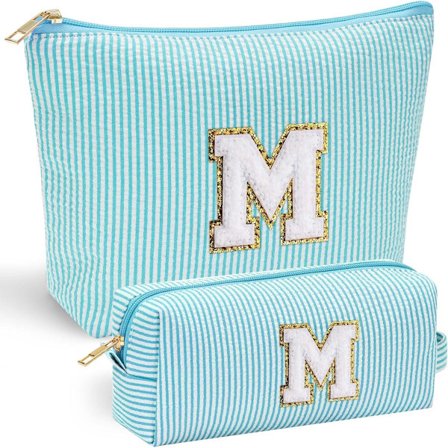 2-delt rejsesæt til makeup med bogstavet M - Oxford-stof, blå, kompatibelt med diverse makeup-mærker