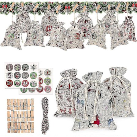 Jul Linne Små Påsar, Adventskalenderpåsar, 24 Dagar Jutehängande Adventskalendrar