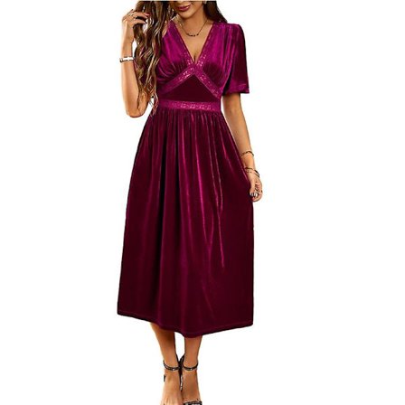 Kvinnors Sammets V-hals Klänning, Kortärmad Casual Fest Maxiklänning