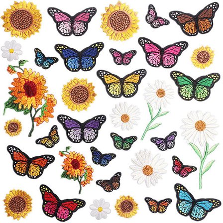 35 stk. broderede strygemærker, solsikker sommerfugl tusindfryd blomst strygemærker sæt, sy på/stryg på applikation til tøj, kjole, hat, Jea