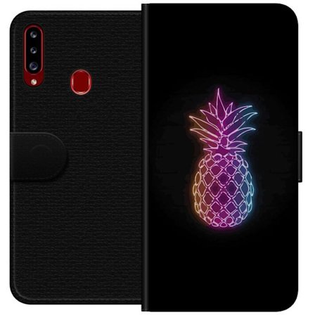 Kompatibelt Lommeboketui til Samsung Samsung Galaxy A20s Neonlysillustrasjon av ananas i fargerikt lys mot svart bakgrunn