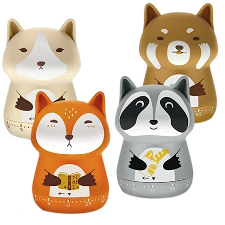 4 söpöä keittiöajastinta, mekaaninen ajastin, sarjakuvaeläin, manuaalinen kettu, pesukarhu, karhu, susi, 60 minuutin kova hälytys, munakello, 