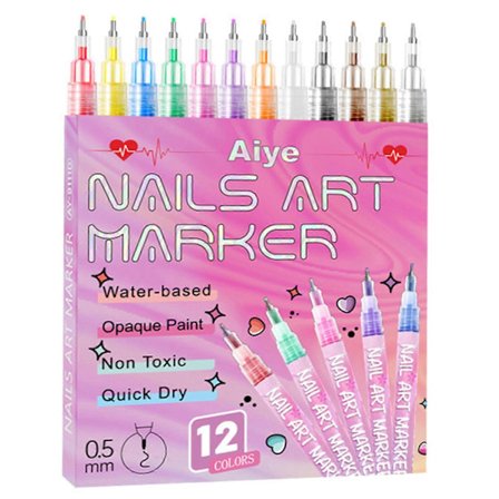 12 Färger Nagelkonst Pennset med 0,5 mm Precisionsspets Vattentät Micro-Liner för DIY Detaljerade Nageldesigner [YJD]