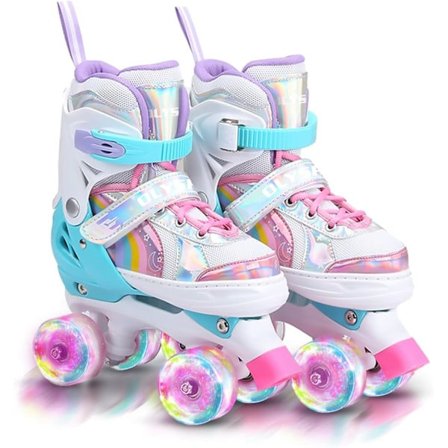 Rulleskøyter for barn, 8 lysende hjul og 4 justerbare størrelser, Quad-skøyter med oppbevaringspose, dobbel rad rulleskøyter rosa størrelse 27-30