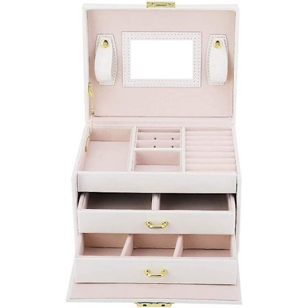 Mordely 3 Tier Mirrored Pu Leather Jewelry Storage Box (white Pu Leather+iron+glass+fabric+wood)