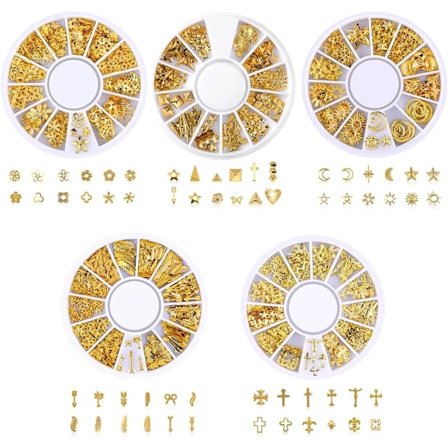 60 gull negletilbehør, negledekorasjoner i form av kors, sjøstjerner, fjær, gull