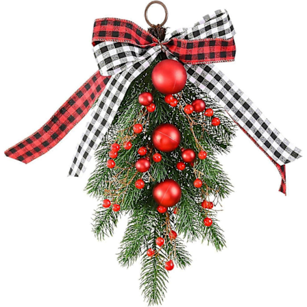 (Punainen, Yksi Koko) 50 cm Joulun Langaton Esivalaistu Portaikon Koriste, Keinotekoiset Pisaranmuotoiset Seppeleet Etuoveen, Ulkoseinän Ikkunan 