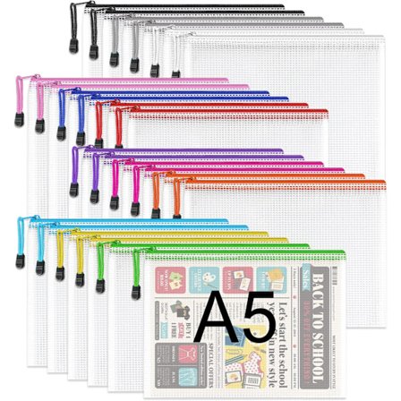 Plastlommer med lynlås - 24 stk. netlommer med lynlås i plast, dokumentlommer med lynlås, rejseopbevaringslommer til kontorartikler