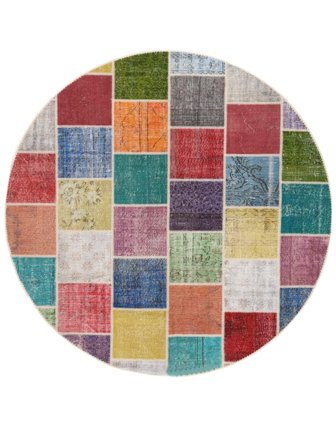 Hand Knotted Patchwork Rug Ø 250 Vintage Wool Black/Dark Red Large