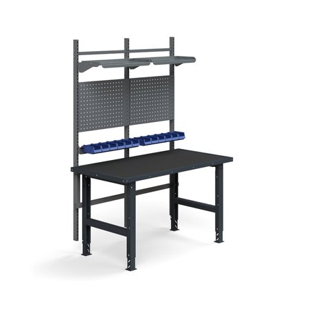 Complete workbench TRUST, inc. tool panels, boxes + shelves, 1500x760 mm, protective mat