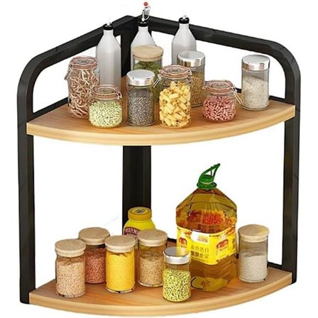 Kjøkkenhylle, krydderhylle, krydderhylle, jern, skrivebordsorganisator (2 nivåer) tre og jern, svart, 2 nivåer