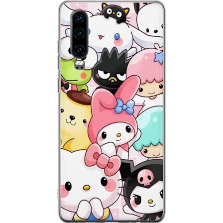 Kompatibelt Mobildeksel til Huawei P30 Tett mønster av søte figurer med store øyne i ulike farger og uttrykk med LABUBU-tekst