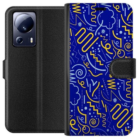 Kompatibel Tegnebogsetui til Xiaomi 13 Lite Abstrakt grafisk mønster med linjer, former og symboler i gul og lyseblå