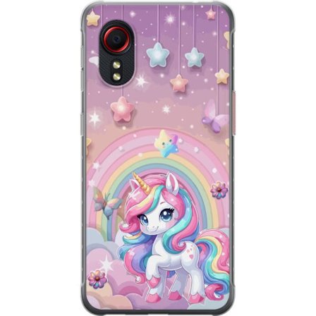 Yhteensopiva Puhelinkuori Samsung Galaxy Xcover 5 Maaginen yksisarvinen, jolla on sateenkaarimane, tähtiä ja perhosia vasten pastellinväristä taivasta