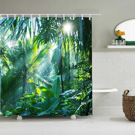 Skogsgrön duschdraperi 180 x 200 cm bananblad duschdraperi tropisk djungel palmblad med 12 vattentäta polyesterkrokar och mögelresistent