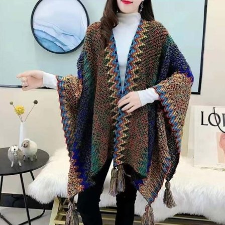 Mongolsk Poncho Cardigan Tassel Sjal MØRKEGRØNN