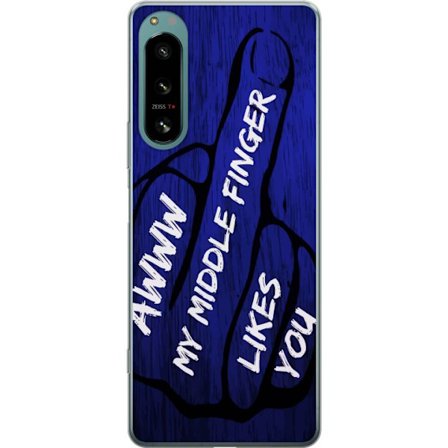 Kompatibelt Mobildeksel til Sony Xperia 5 IV Mørk typografisk illustrasjon med hjerteform og budskap om vennskap mot dyp blå tretekstur