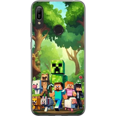 Kompatibel Mobilcover til Huawei Y6 (2019) Klodset pixeleret spilverden med grønne figurer og dyr i frodig skovmiljø