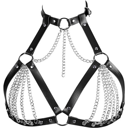 Læder BH CageStyle Skulderrem, Punk Lagdelt Brystkæde, Punk Sort Læder Brystsele Krops Taljekæde Bælte Rave Natklub Mave BH Smykker