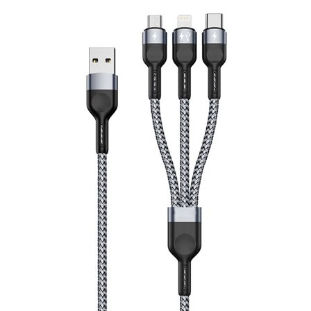 3-in-1 USB-latauskaapeli, 1,3 m punottu pikalatauskaapeli