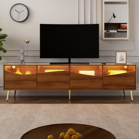 Stilrent lågskåp med LED-belysning, TV-bänk i träfärg med glasfront & guldfärgade metallben, 180 cm, vardagsrum