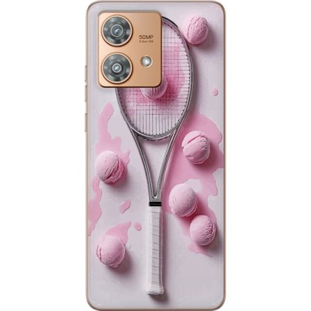 Kompatibel Mobilcover til Motorola Motorola Edge 40 Neo Rosa glaskugler og tennisketsjer i et kreativt stillbillede med legende popfølelse og moderne