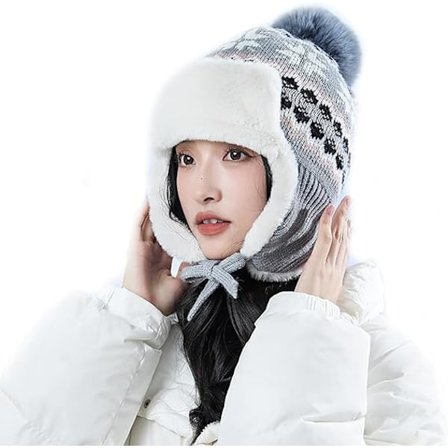 Naisten ja teini-ikäisten neulottu trapper-hattu paksuilla keinotekoisen turkiksen vuorella, tuulenpitävä Ushanka-korvaläppäpipo beanie-pyöräily-