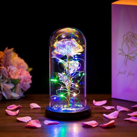 Skönheten och odjuret Rose i glaskupol LED-ljus Kristallrosa blommor Present till födelsedag Jubileum Alla hjärtans dag Bröllop Flickvän Hustru 