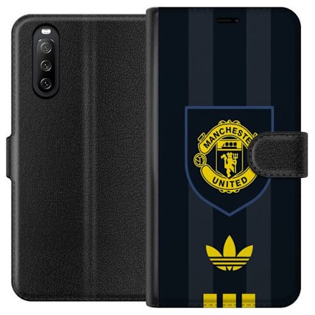 Kompatibel Tegnebogsetui til Sony Xperia 10 III Manchester United Adidas logo skjold fodbold klub plakat Premier League retro gul sort design kunst