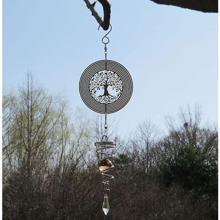 3d Tree of Life vindsnurra hängande med blickande boll Spiral svans, 360 graders spinnträd metall vindskulpturer black
