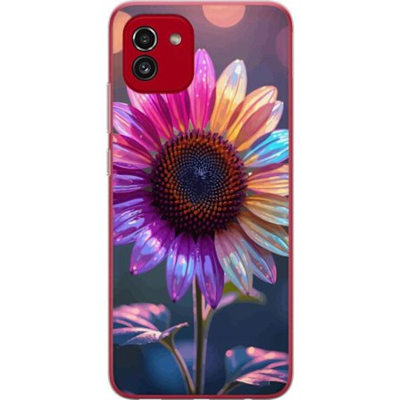 Kompatibelt Mobildeksel til Samsung Galaxy A03 Irideserende blomst med glitrende kronblad i rosa lilla og gull mot myk bokeh bakgrunn