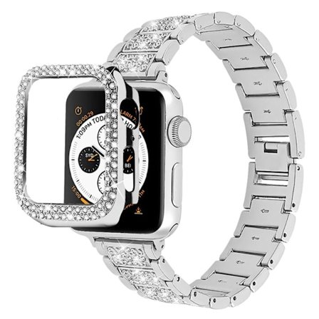 Apple Watch (45mm) 3 pärlor med strassdekor klockarmband med fodral - Silver