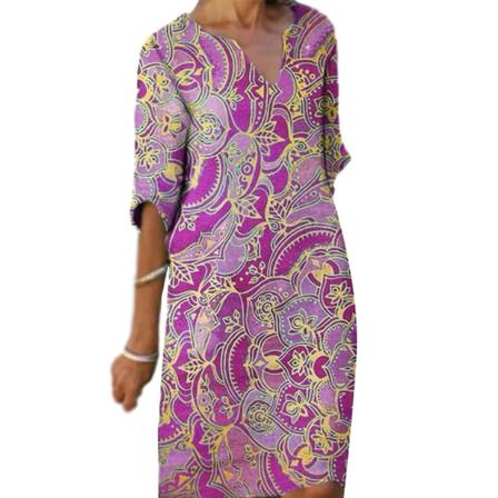 Damer Med Printed Mid-sleeve Klänning Retro Casual Klänning