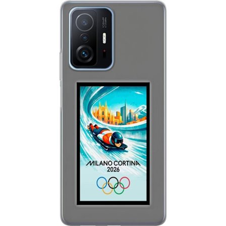 Yhteensopiva Puhelinkuori Xiaomi 11T Dynaaminen kelkkailija tai skeleton-ajaja jääkanavalla Milanon Cortina 2026 kanssa, kaupunkinäkymä ja olympialais