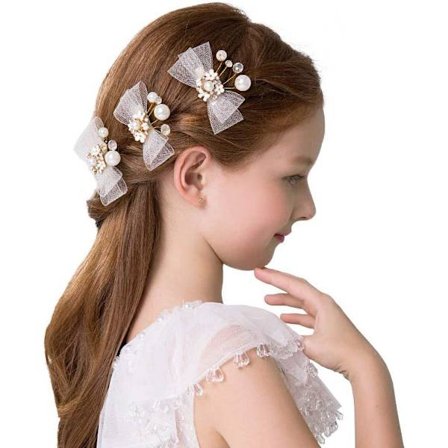 Set med 3 hårclips med rosett i guld med blommor och kristallpärlor för