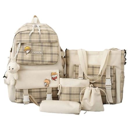 Verktøyveske Preppy Khaki skoleryggsekk med lunsjboks, 5 deler søtt lerret