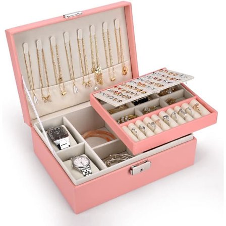 2-lags Stor Smykkeboks, PU-Lær, Smykkeorganisator for Ørepynt, Ringer, Halskjeder, Klokker, Armbånd