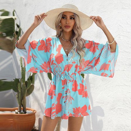 Dame V-hals Sommer Bladtrykk Kortermet Enkeltspent Snøring Løse Kjoler