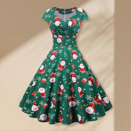Vintage Jule Swing Kjole V-hals Kortærmet Elegant Cocktailkjole til Jul Nytårsfest