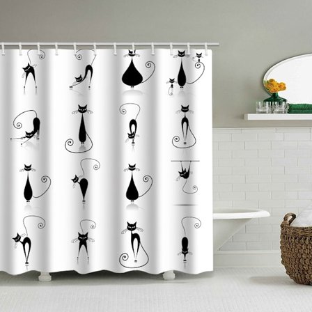 Cartoon Cat Duschdraperi, med 12 plastkrokar-G