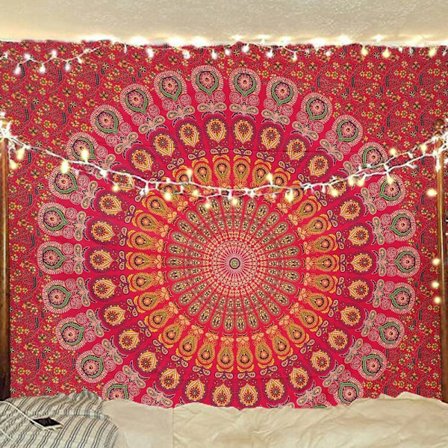 Wekity Hippie Bohemian Psykedeelinen Kulta-Sininen Peacock Mandala Seinävaate Vuodevaate Tapetti (Kulta-Punainen, Koko: 51.2" x 59.1")