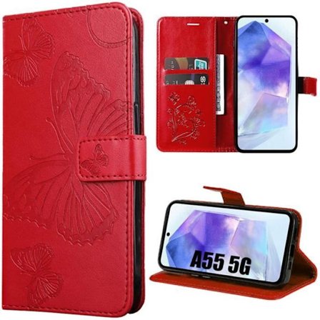 Coque - Booling - för Samsung Galaxy A55 5G - Röd - Lädereffekt - Präglad fjärilsmönster