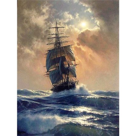 30x40cm, Havsejlbåd 5d diamantmalet rhinstenbroderi ca