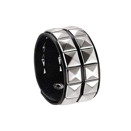 Unisex Svart Äkta Läder Silver Pyramid Nitar Armband 80-tal